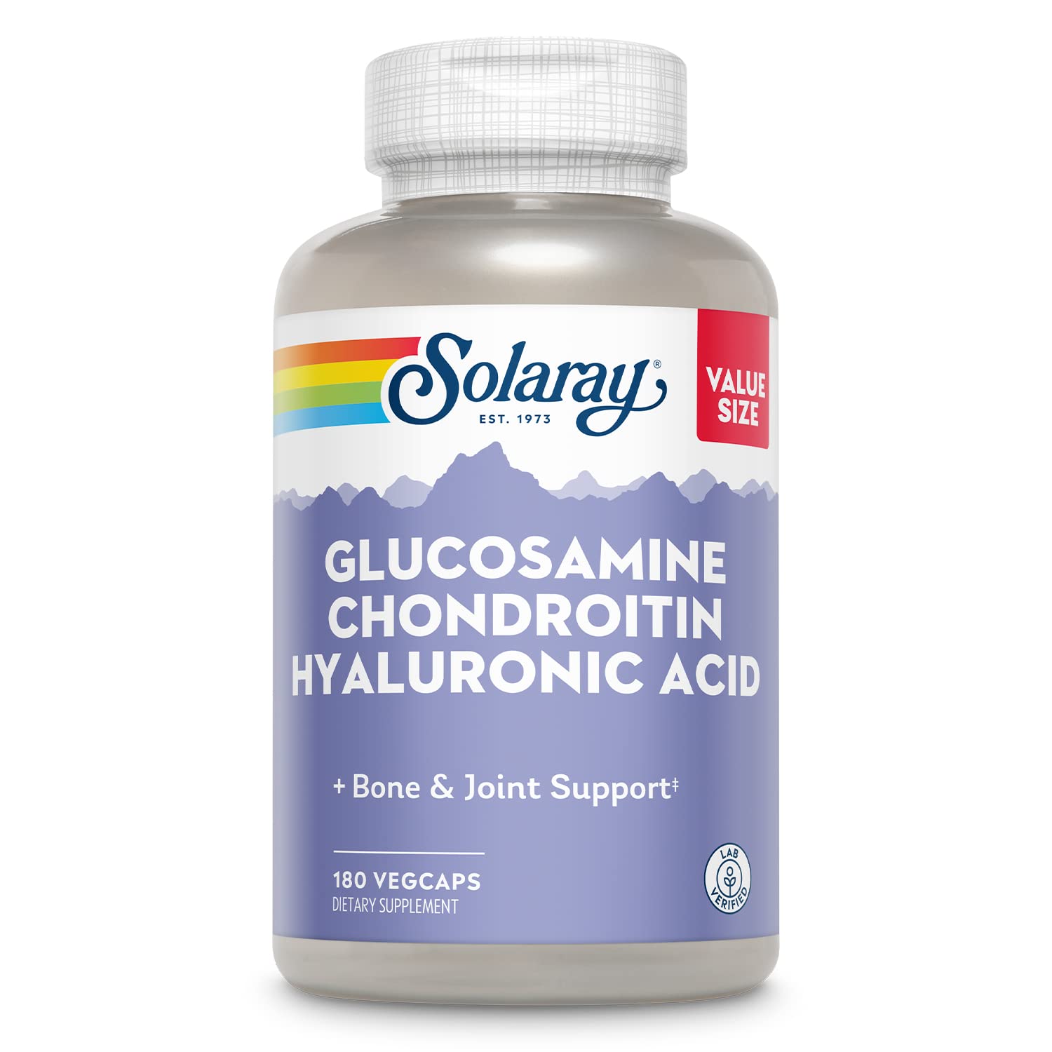SOLARAY bottle front showing glucosamine chondroitin hyaluronic acid for joint support.