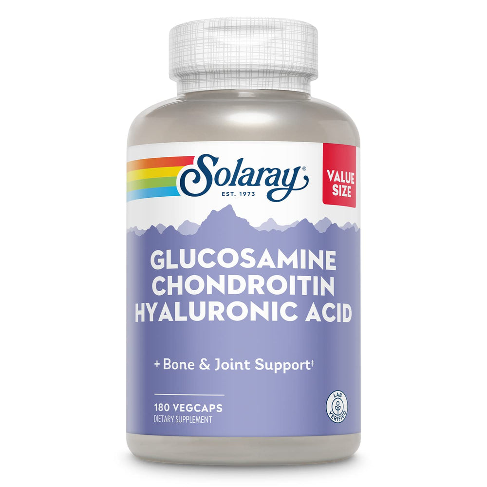 SOLARAY bottle front showing glucosamine chondroitin hyaluronic acid for joint support.