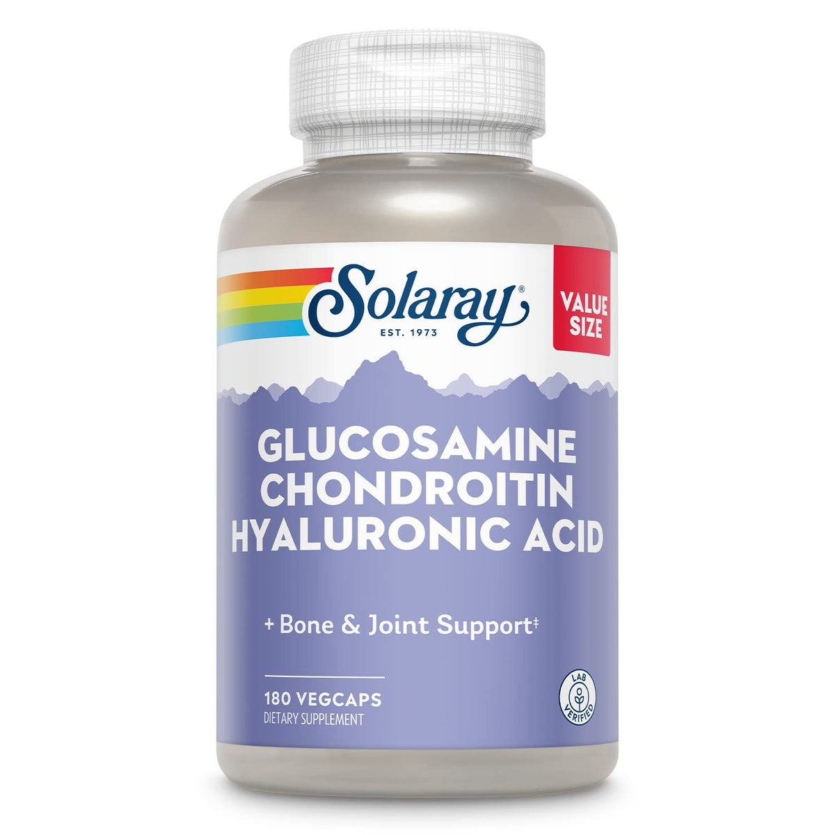 SOLARAY bottle front showing glucosamine chondroitin hyaluronic acid for joint support.