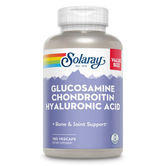 SOLARAY bottle front showing glucosamine chondroitin hyaluronic acid for joint support.