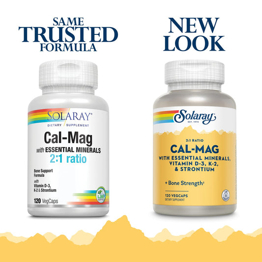 Solaray Cal-Mag bottle label highlights minerals and vitamins D-3 & K-2 for enhanced mineral support.