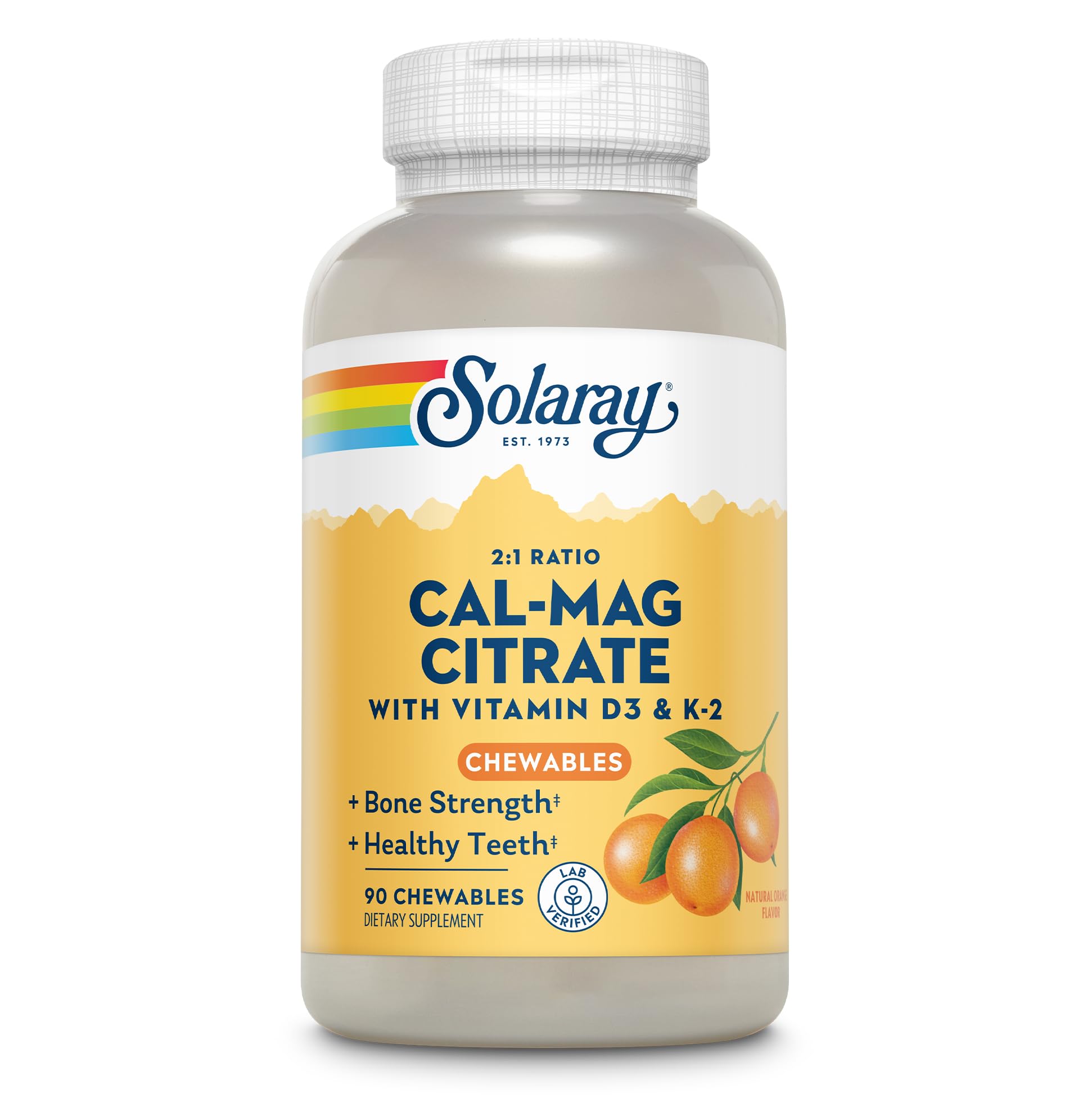 Solaray Cal-Mag Citrate D-3 K-2 orange chewable bottle for daily bone support