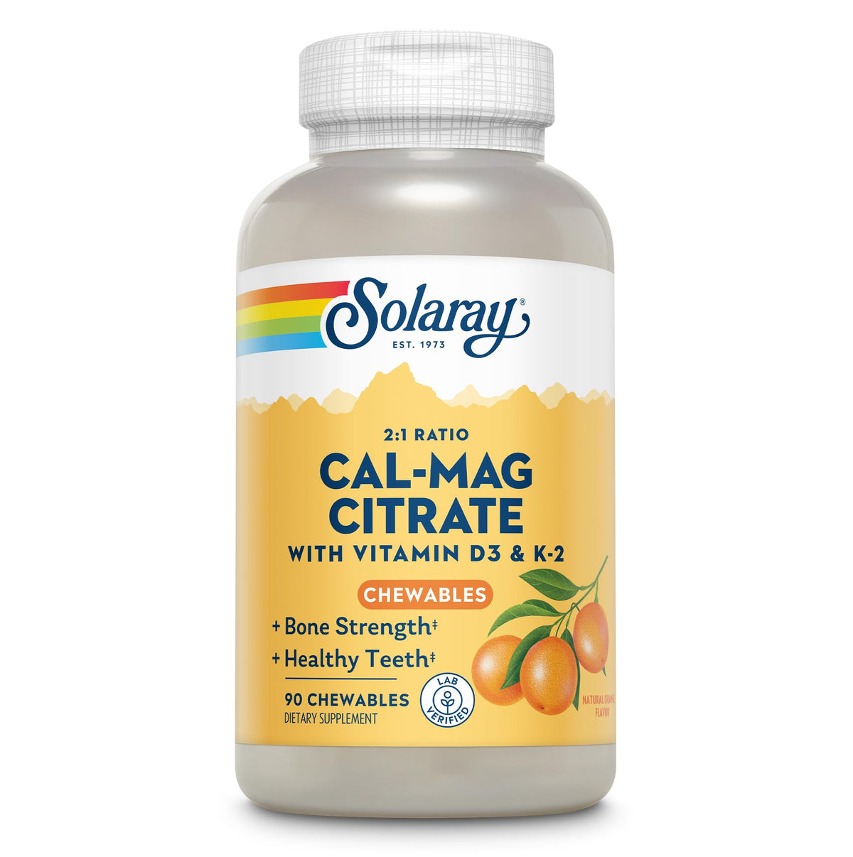 Solaray Cal-Mag Citrate D-3 K-2 orange chewable bottle for daily bone support