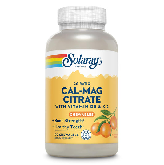 Solaray Cal-Mag Citrate D-3 K-2 orange chewable bottle for daily bone support
