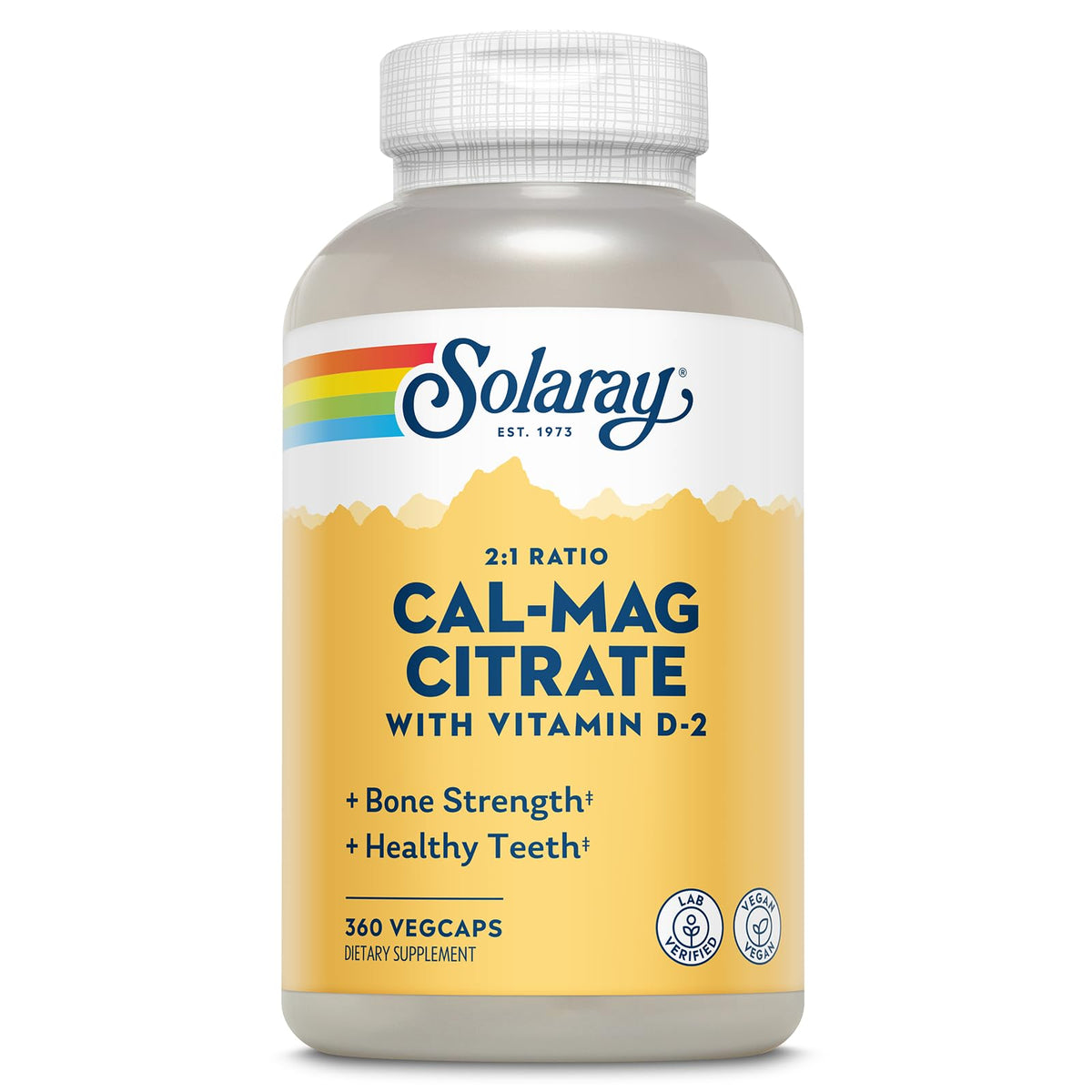 SOLARAY calcium magnesium citrate bottle front showing a 60-day supply for bone and muscle support.