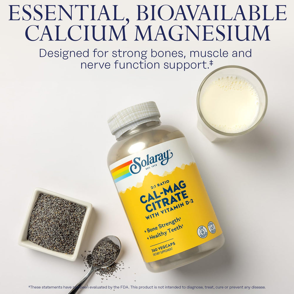 SOLARAY calcium magnesium citrate capsules ready to swallow for daily mineral balance.