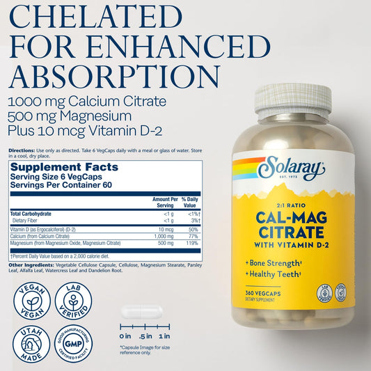 SOLARAY label close-up highlights 1000 mg calcium citrate and 500 mg magnesium for bone health.