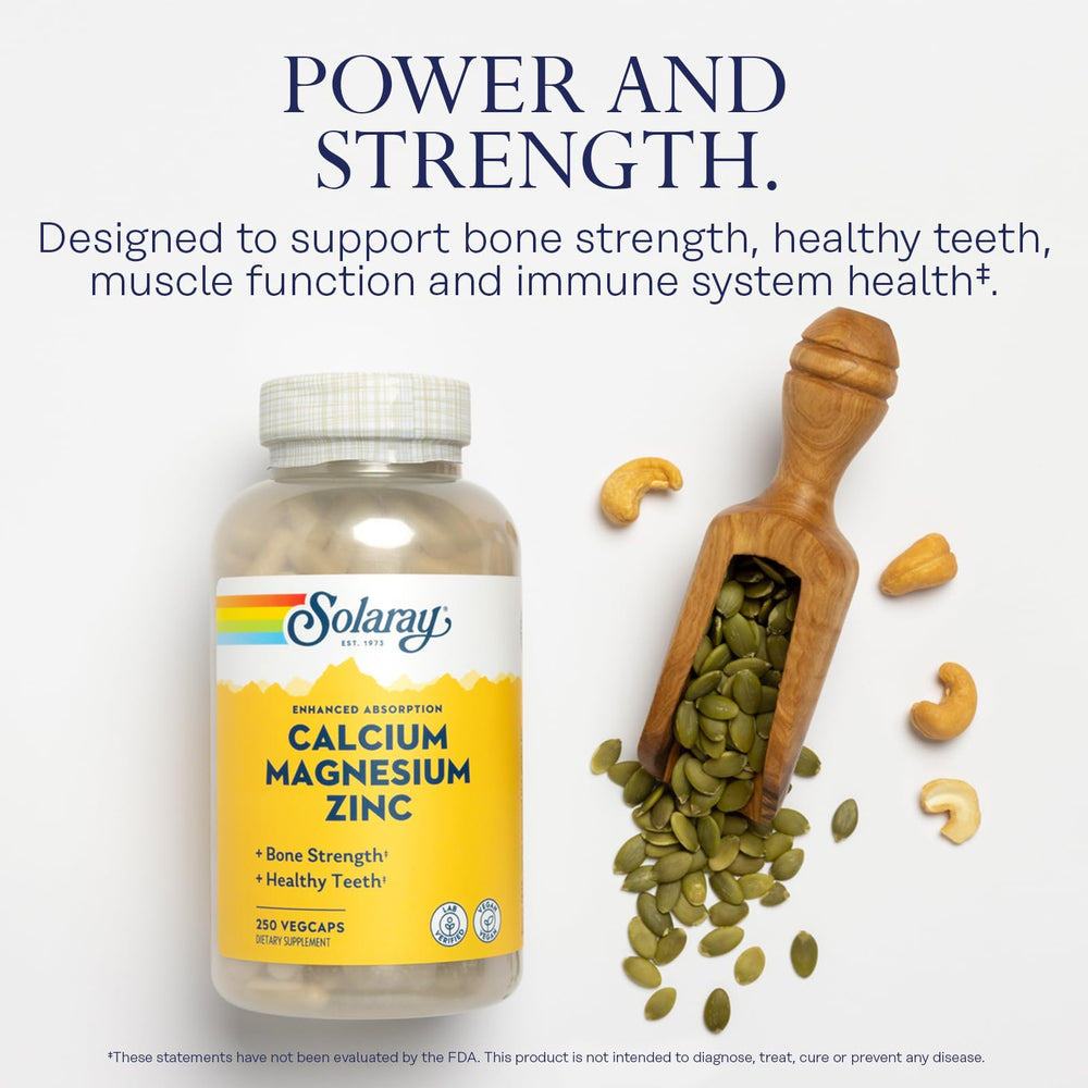 SOLARAY Calcium Magnesium Zinc bottle label detailing ingredients and vegan formula