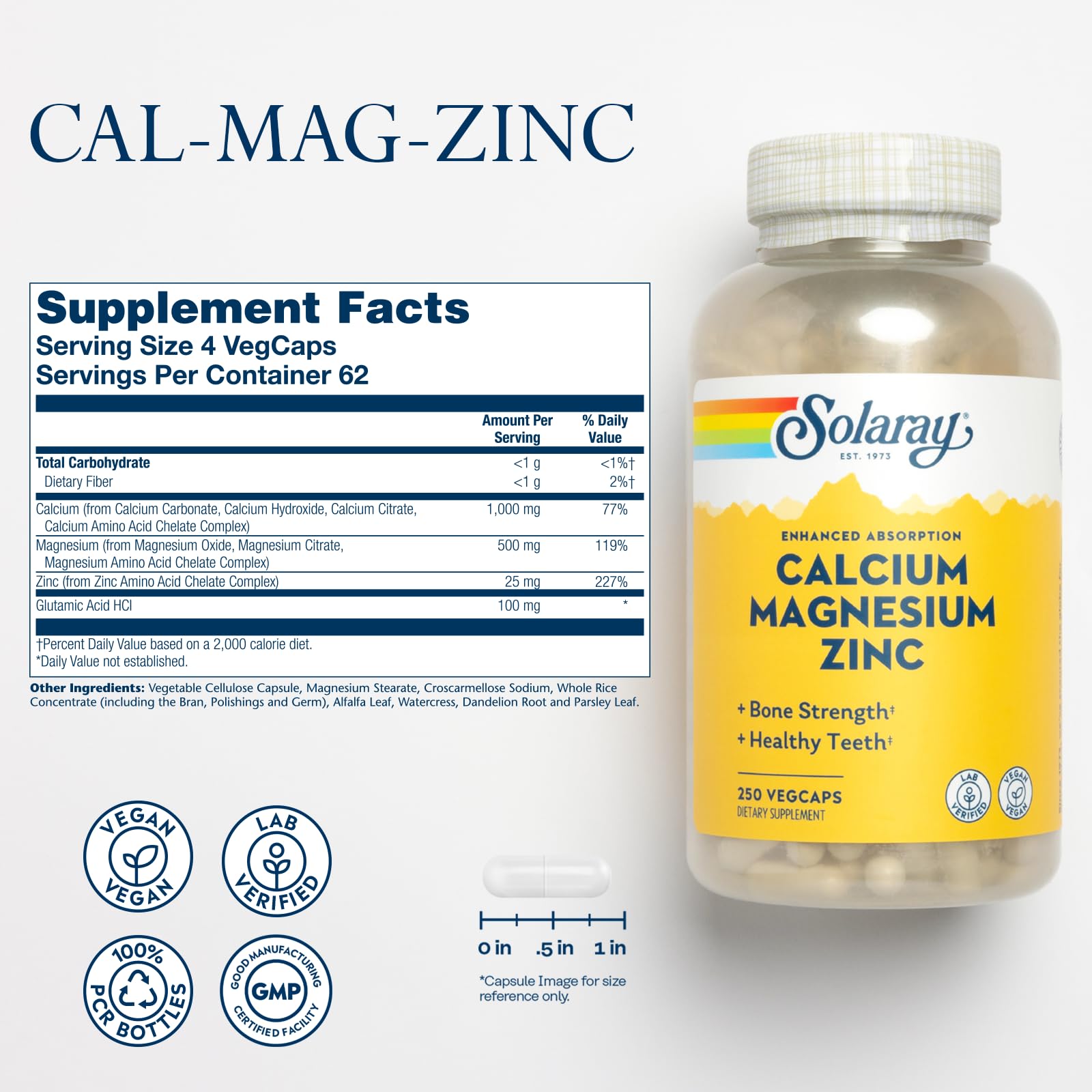 SOLARAY Calcium Magnesium Zinc capsules close-up highlighting vegan capsules and potency