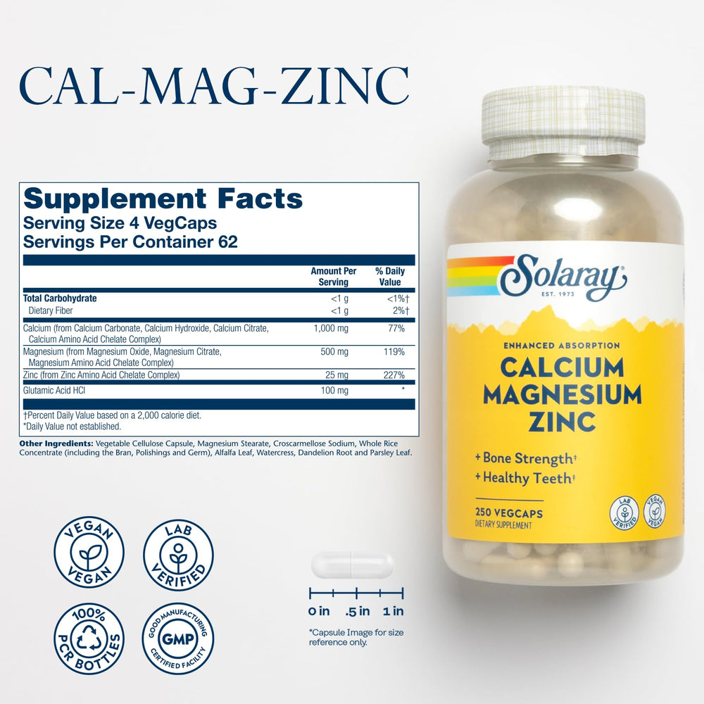 SOLARAY Calcium Magnesium Zinc capsules close-up highlighting vegan capsules and potency