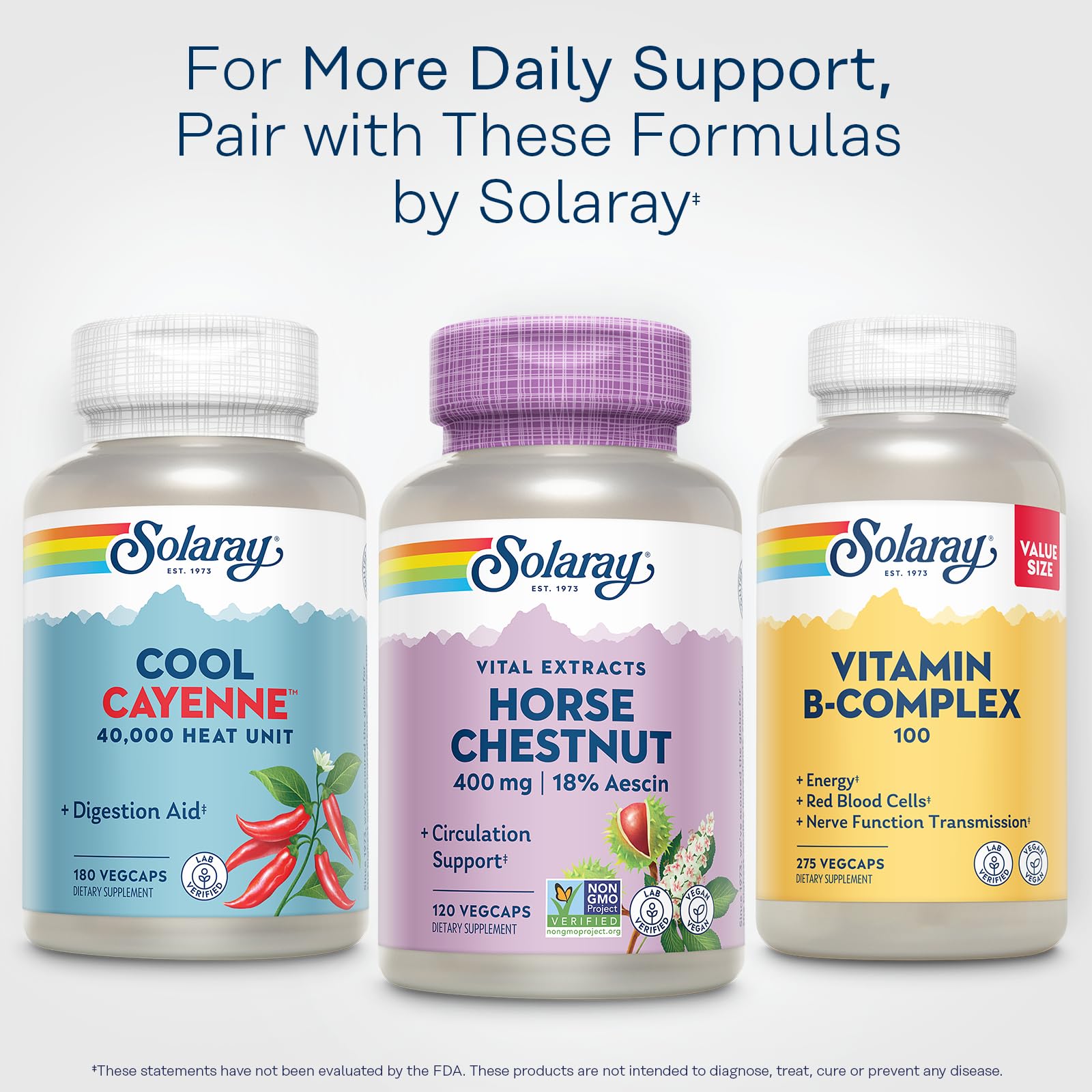 SOLARAY capsule close-up showing 400 mg extract and 72 mg aescin potency.