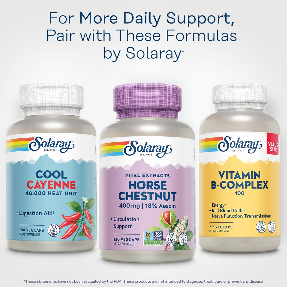SOLARAY capsule close-up showing 400 mg extract and 72 mg aescin potency.