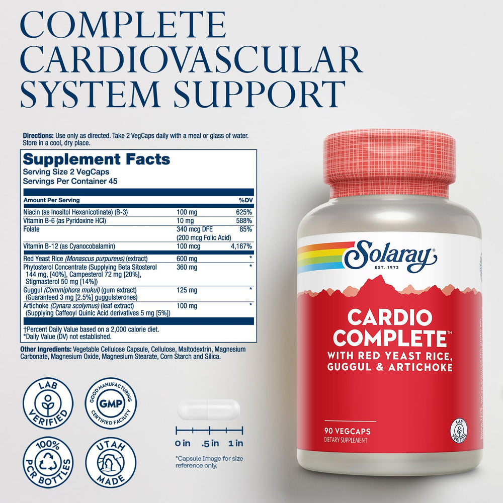 SOLARAY Cardio Complete bottle label closeup highlighting red yeast rice and vitamins for informed choice