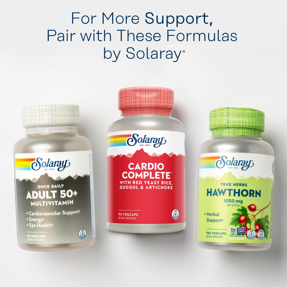 SOLARAY Cardio Complete in-use setup with pills beside a glass for easy daily routine