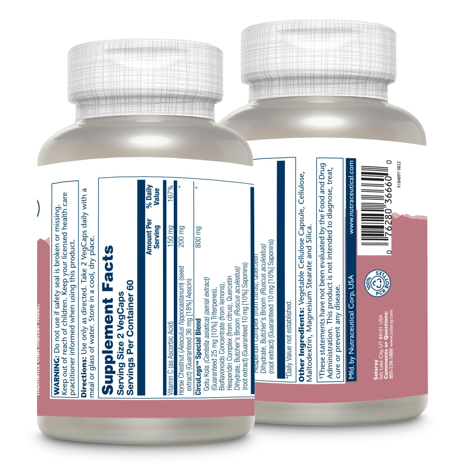 SOLARAY CircuLegs bottle label highlights horse chestnut extract and aescin