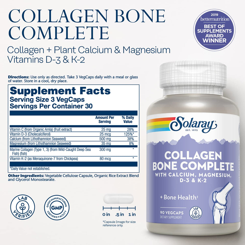 SOLARAY Collagen Bone Complete bottle pour illustrating convenient dosage.
