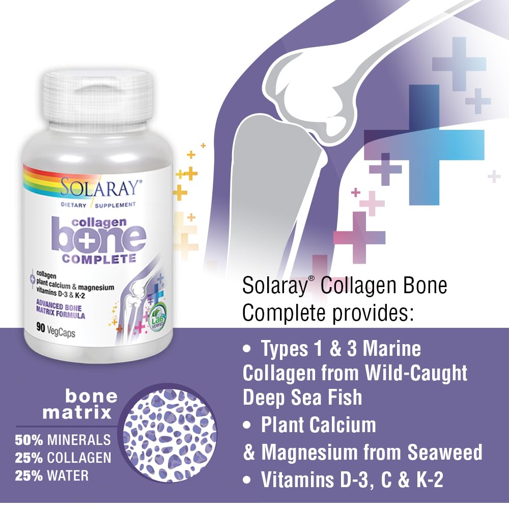 SOLARAY Collagen Bone Complete icons highlight calcium and vitamin D3 benefits.