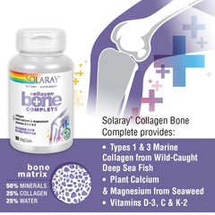 SOLARAY Collagen Bone Complete icons highlight calcium and vitamin D3 benefits.