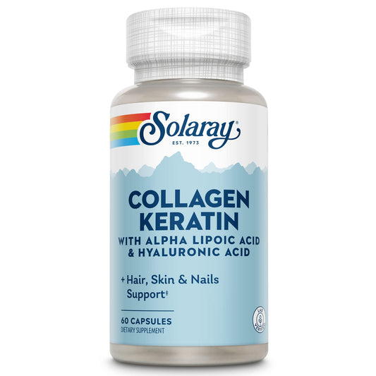SOLARAY Collagen Keratin bottle shown with eco-friendly packaging for premium supplement use