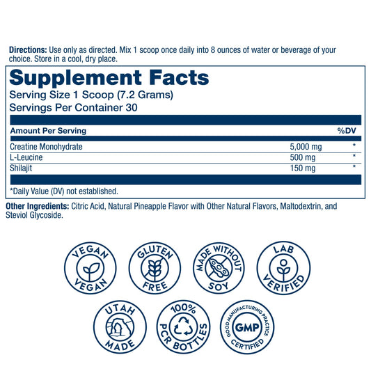 SOLARAY Creatine with Shilajit bottle label highlights quality and ingredients.