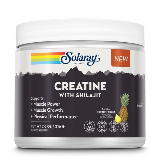 SOLARAY Creatine with Shilajit pineapple powder boosts workout energy and recovery.