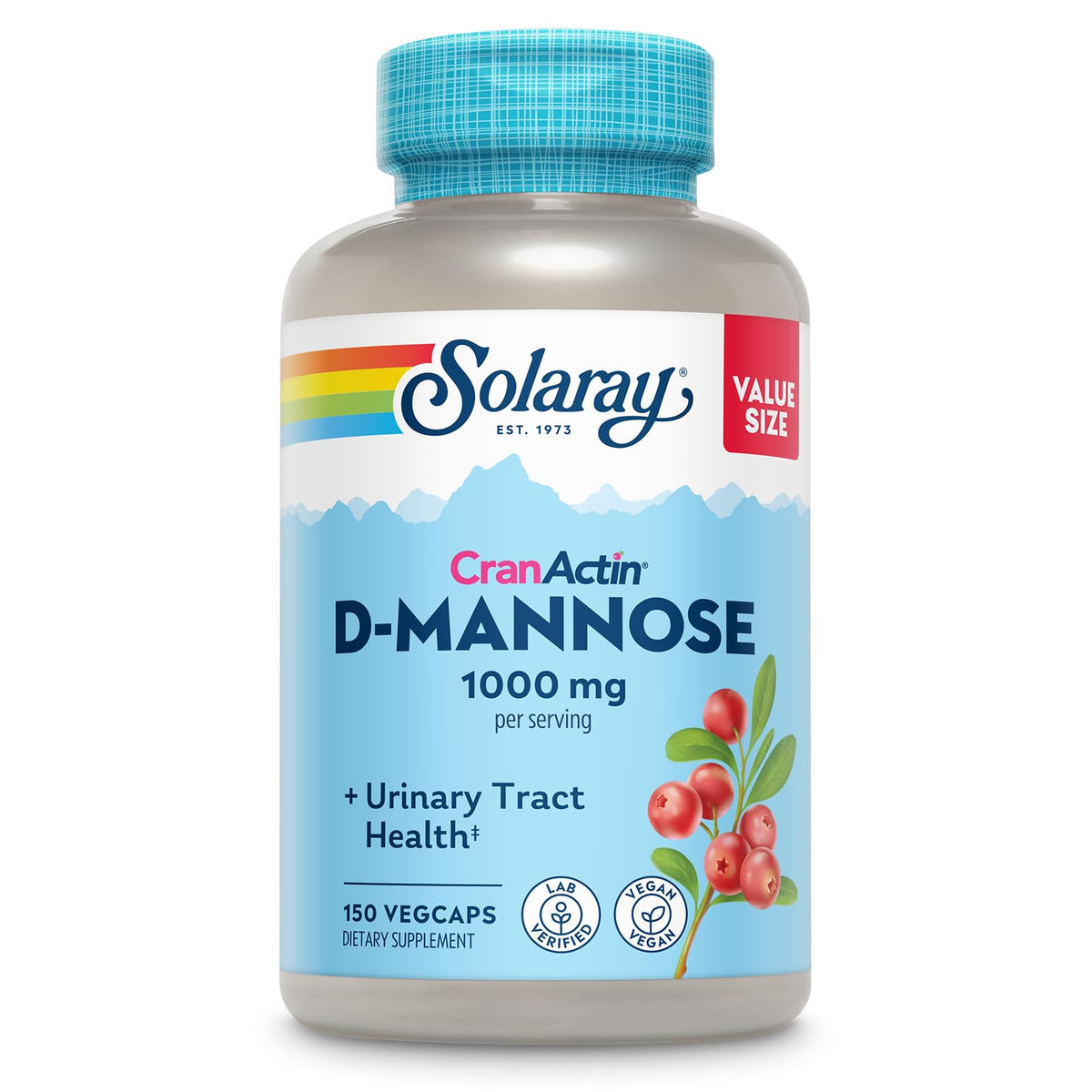 Solaray D-Mannose CranActin bottle highlighting urinary wellness support for daily use.