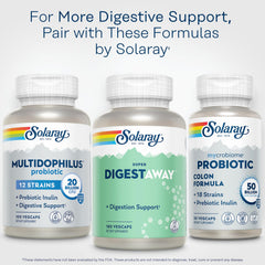 SOLARAY Digestaway bottle and plant imagery highlights papain, ginger, and aloe benefits.