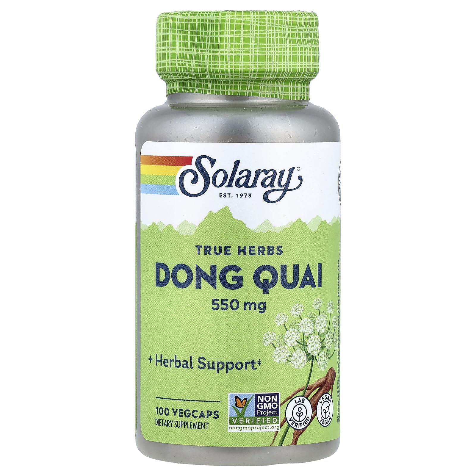 SOLARAY Dong Quai Root 550mg bottle showing whole-root formula for daily wellness