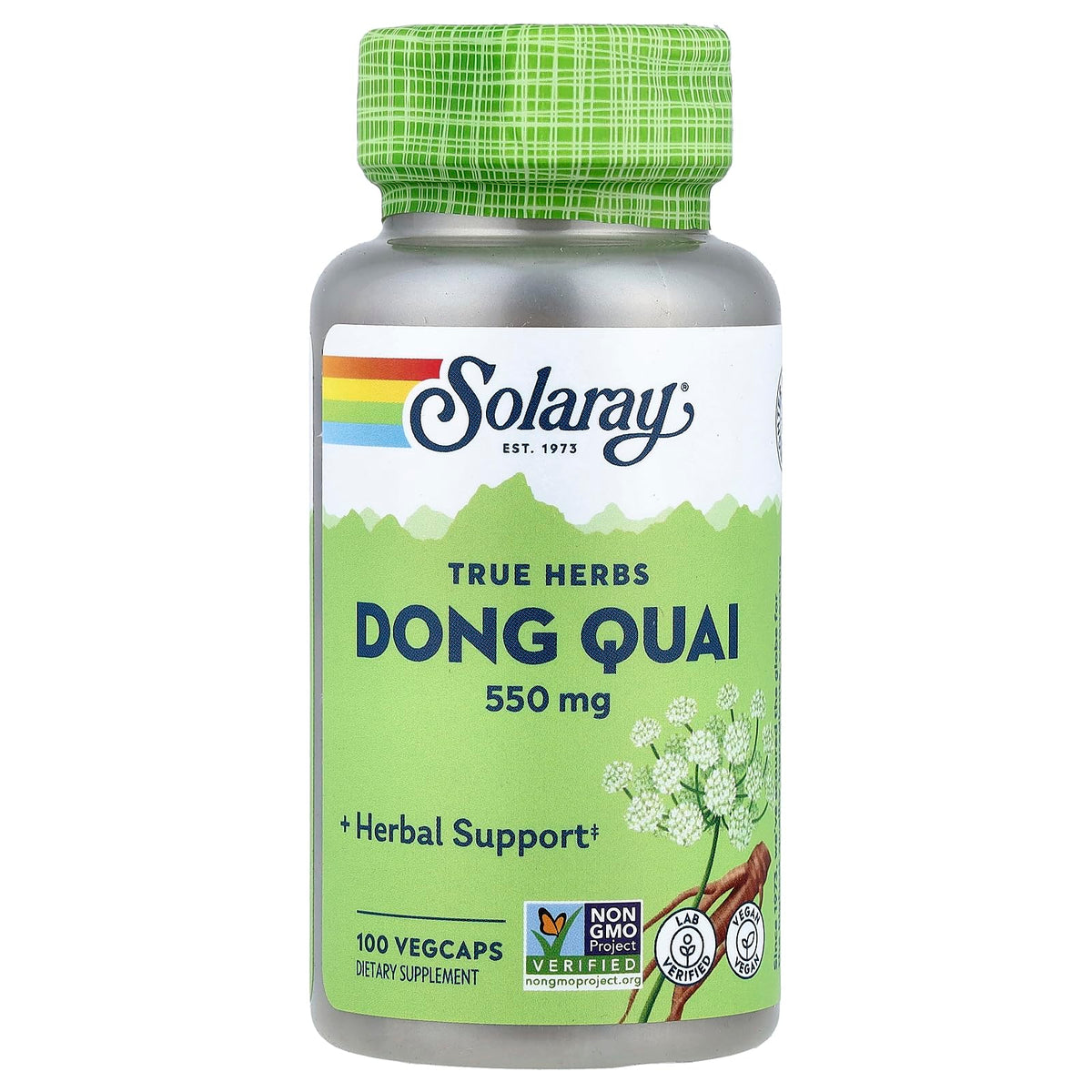 SOLARAY Dong Quai Root 550mg bottle showing whole-root formula for daily wellness
