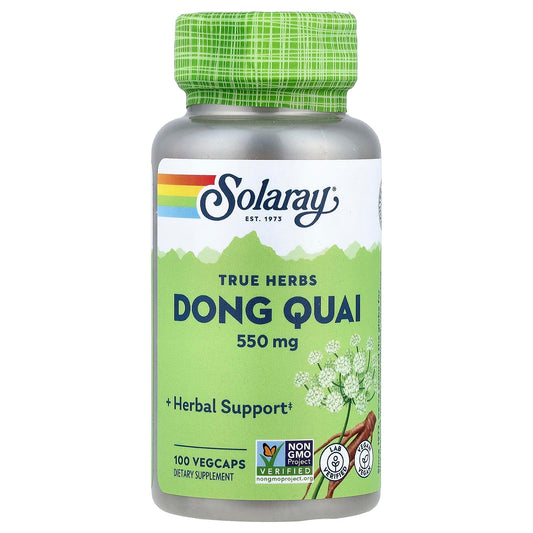 SOLARAY Dong Quai Root 550mg bottle showing whole-root formula for daily wellness