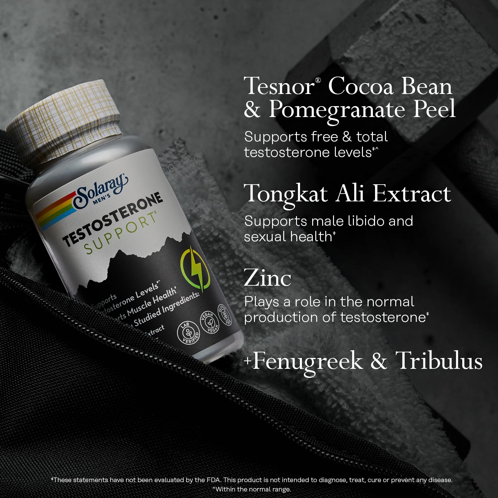 SOLARAY Fenugreek and Tribulus extract blend display for overall wellness support.