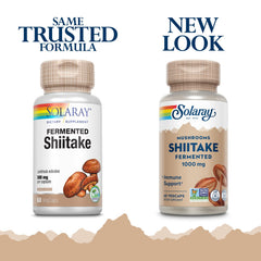 SOLARAY Fermented Shiitake bottle label highlighting ingredients and purity.