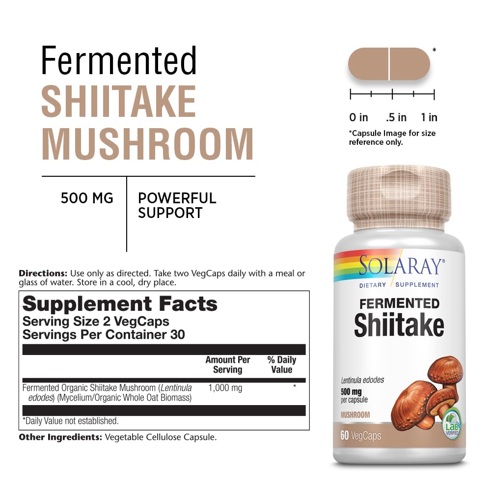 SOLARAY Shiitake capsules 60-count for convenient daily immune and gut support.