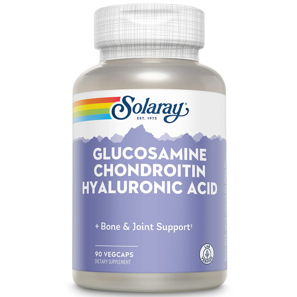SOLARAY glucosamine chondroitin hyaluronic acid bottle highlighting joint-support ingredients.