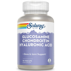 SOLARAY glucosamine chondroitin hyaluronic acid bottle highlighting joint-support ingredients.