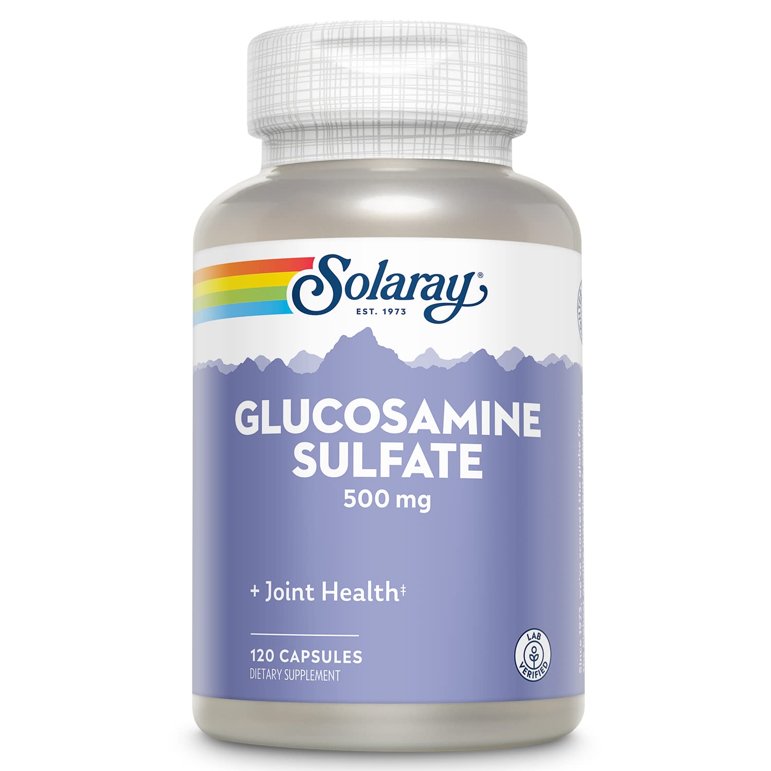 SOLARAY glucosamine sulfate 500 mg bottle supports joint flexibility and connective tissue health.