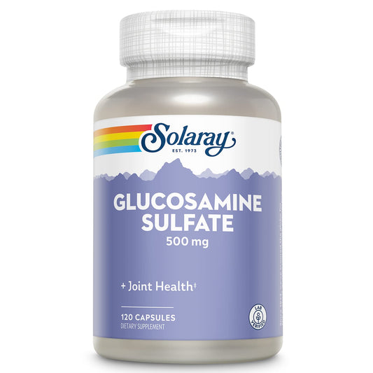 SOLARAY glucosamine sulfate 500 mg bottle supports joint flexibility and connective tissue health.