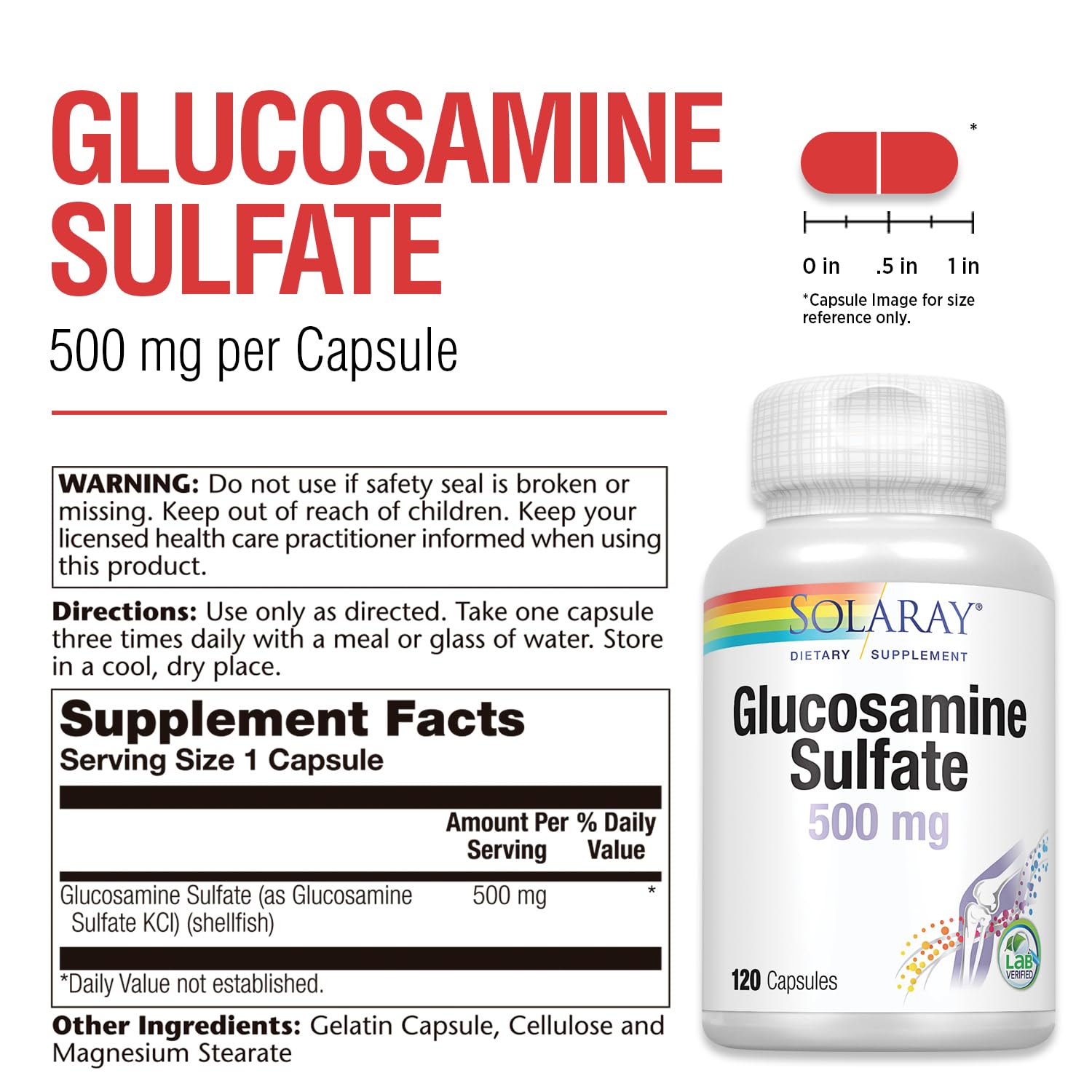 SOLARAY glucosamine sulfate label detail showing ingredients and potency.