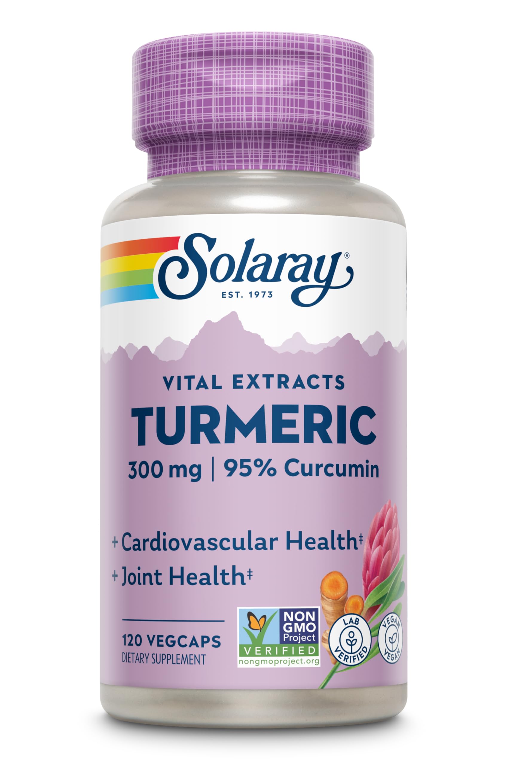 Solaray Guaranteed Potency Turmeric VCaps close-up, 300 mg per capsule for daily wellness.