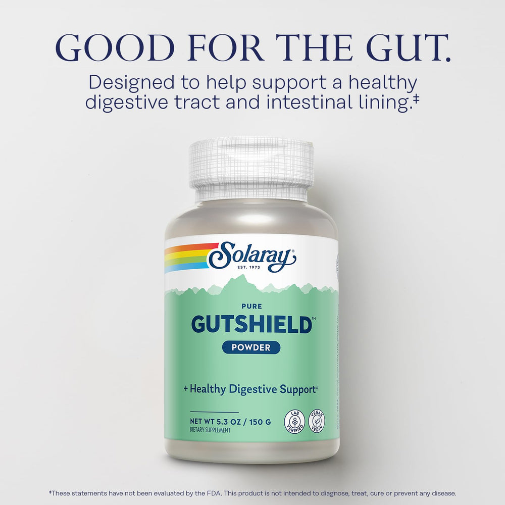 Solaray Gutshield Powder bottle label highlights vegan, non-GMO ingredients.
