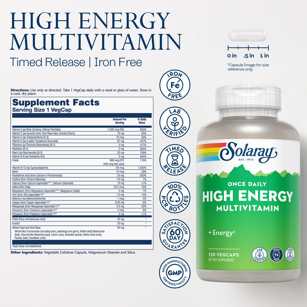 Close-up of SOLARAY High Energy Multivitamin label highlighting iron-free formula