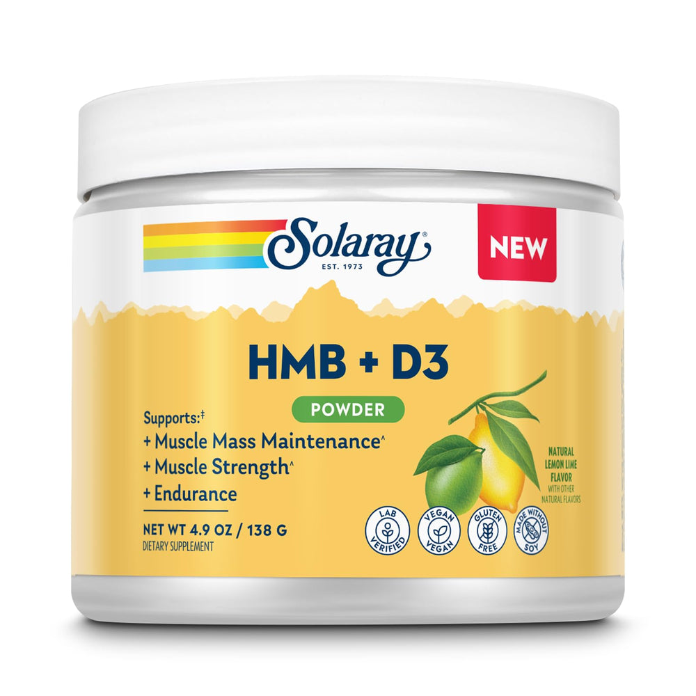 SOLARAY HMB Plus D3 bottle highlighting 30 servings for post-workout support