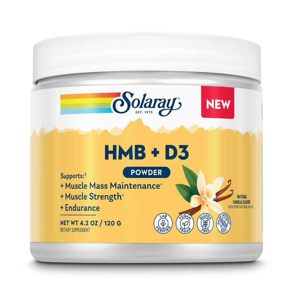 SOLARAY HMB Plus D3 vanilla powder container, supports daily muscle conditioning.