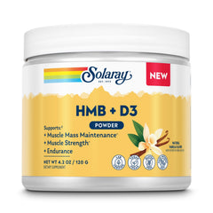 SOLARAY HMB Plus D3 vanilla powder container, supports daily muscle conditioning.