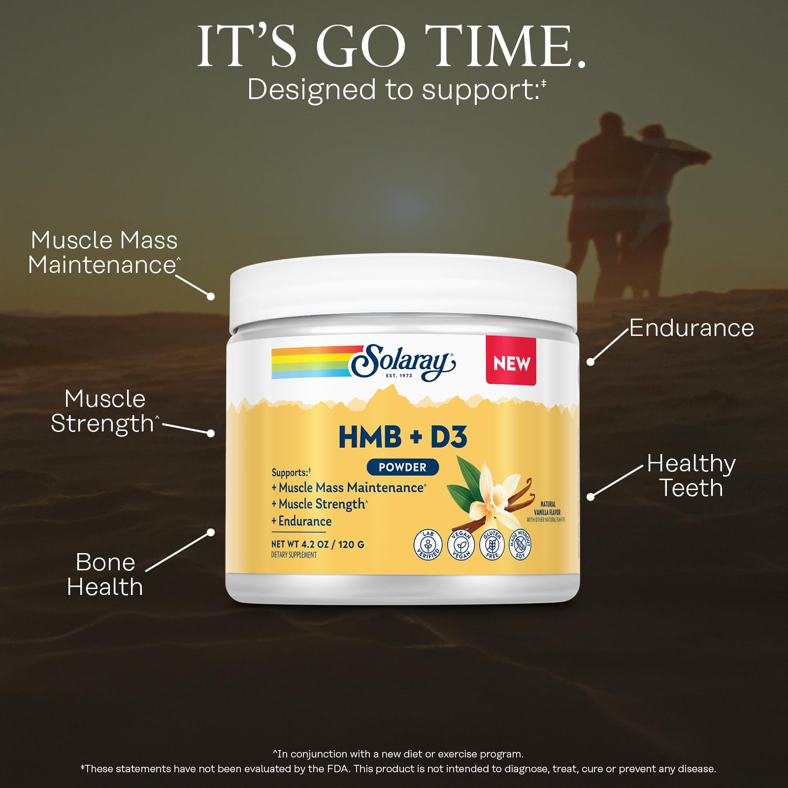 SOLARAY HMB Plus D3 vanilla powder dissolves quickly in water for ready-to-drink support.