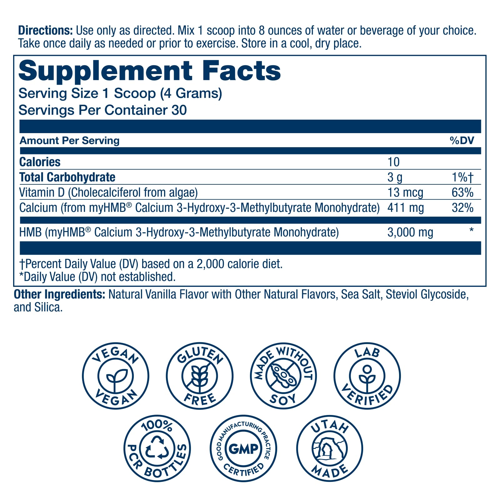 SOLARAY HMB Plus D3 vanilla powder scoop for easy pre-post-workout use.