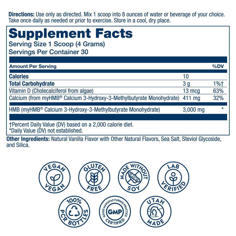 SOLARAY HMB Plus D3 vanilla powder scoop for easy pre-post-workout use.