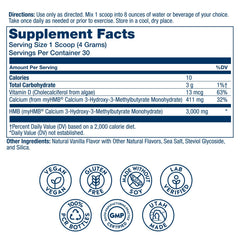 SOLARAY HMB Plus D3 vanilla powder scoop for easy pre-post-workout use.