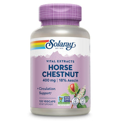 SOLARAY Horse Chestnut Extract 400 mg bottle highlighting vein support and daily supplement use.
