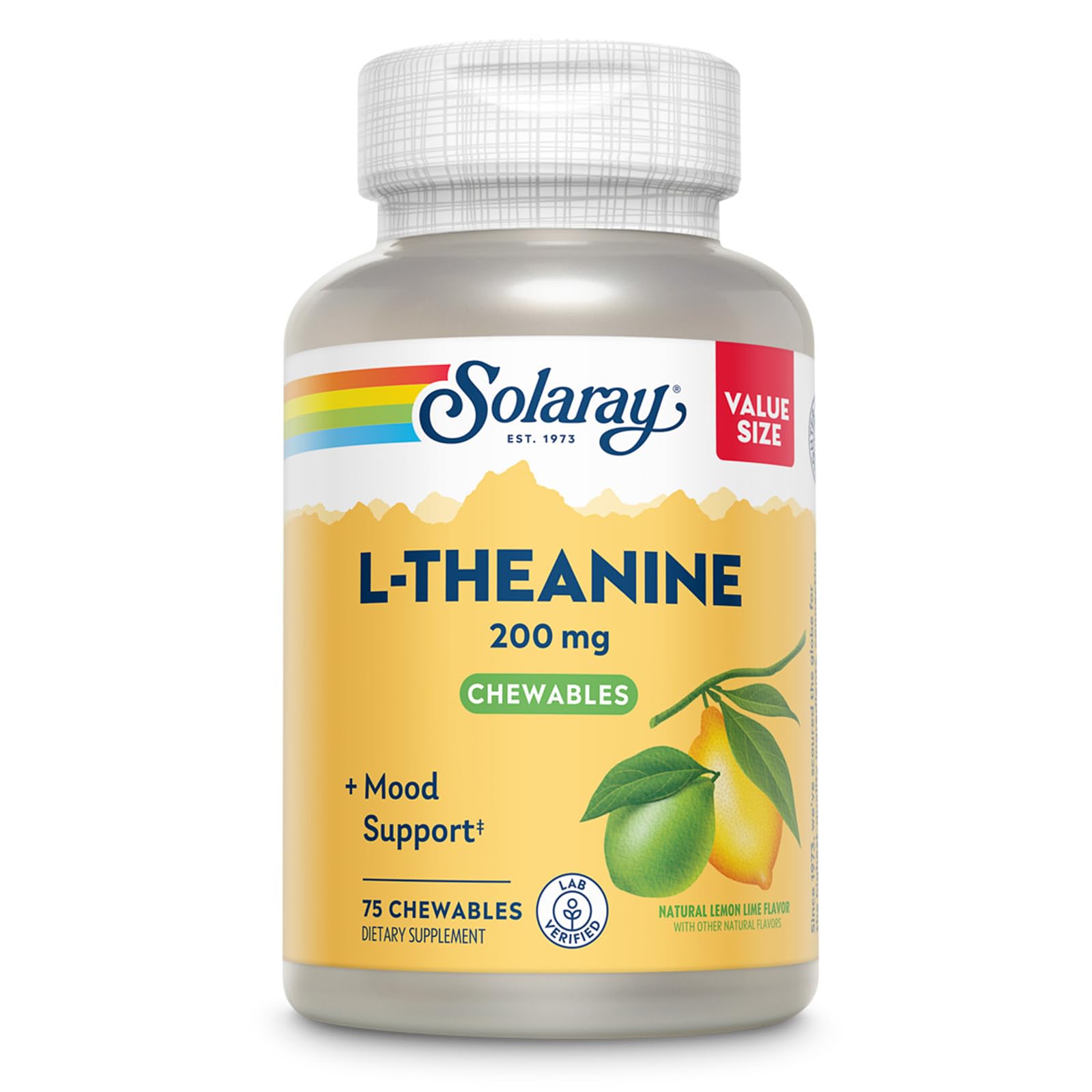 Solaray L-Theanine 200mg bottle — convenient daily mood support.